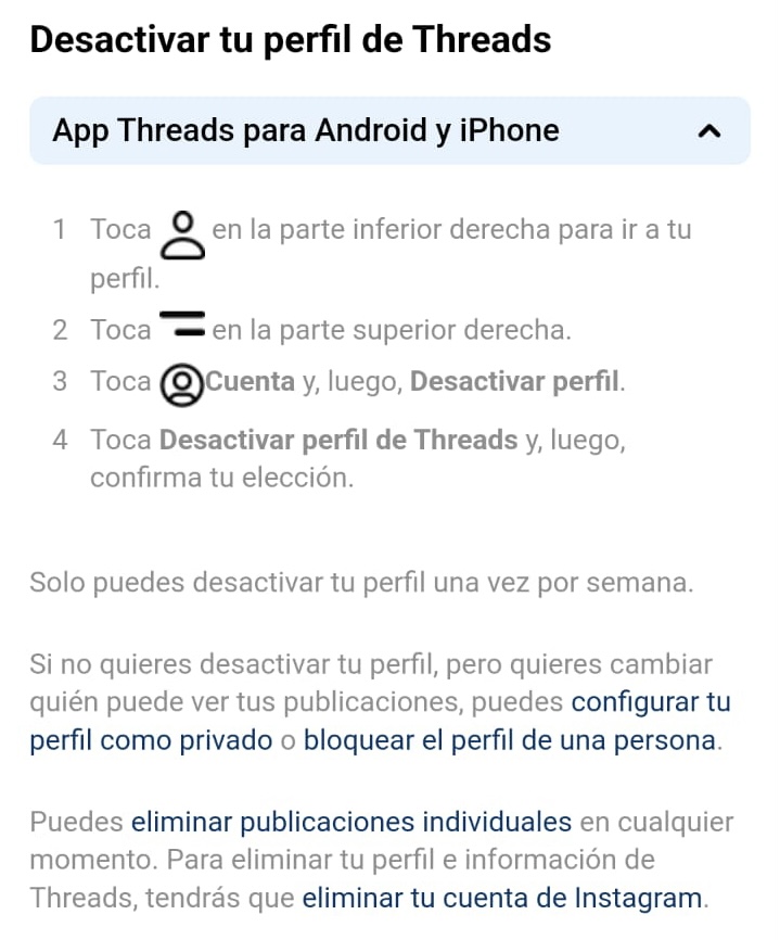 Captura de pantalla de la aplicación Threads que menciona: "Para eliminar tu perfil e información de Threads, tendrás que eliminar tu cuenta de Instagram".