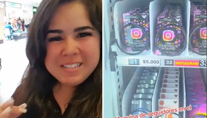 Mujer impresionada por máquina expendedora de seguidores de Instagram