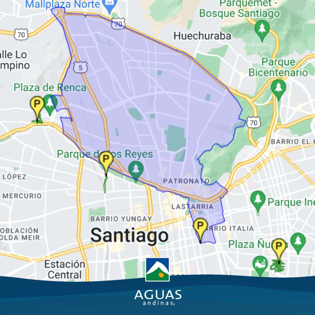 Mapa con las comunas de la Región Metropolitana con corte de agua.
