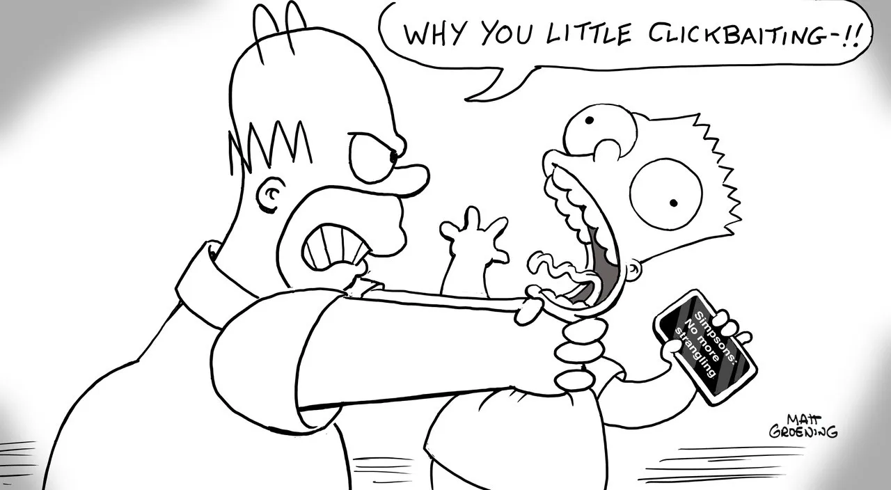 Homero, protagonista de Los Simpson, estrangula a Bart. Dibujo de Matt Groening.