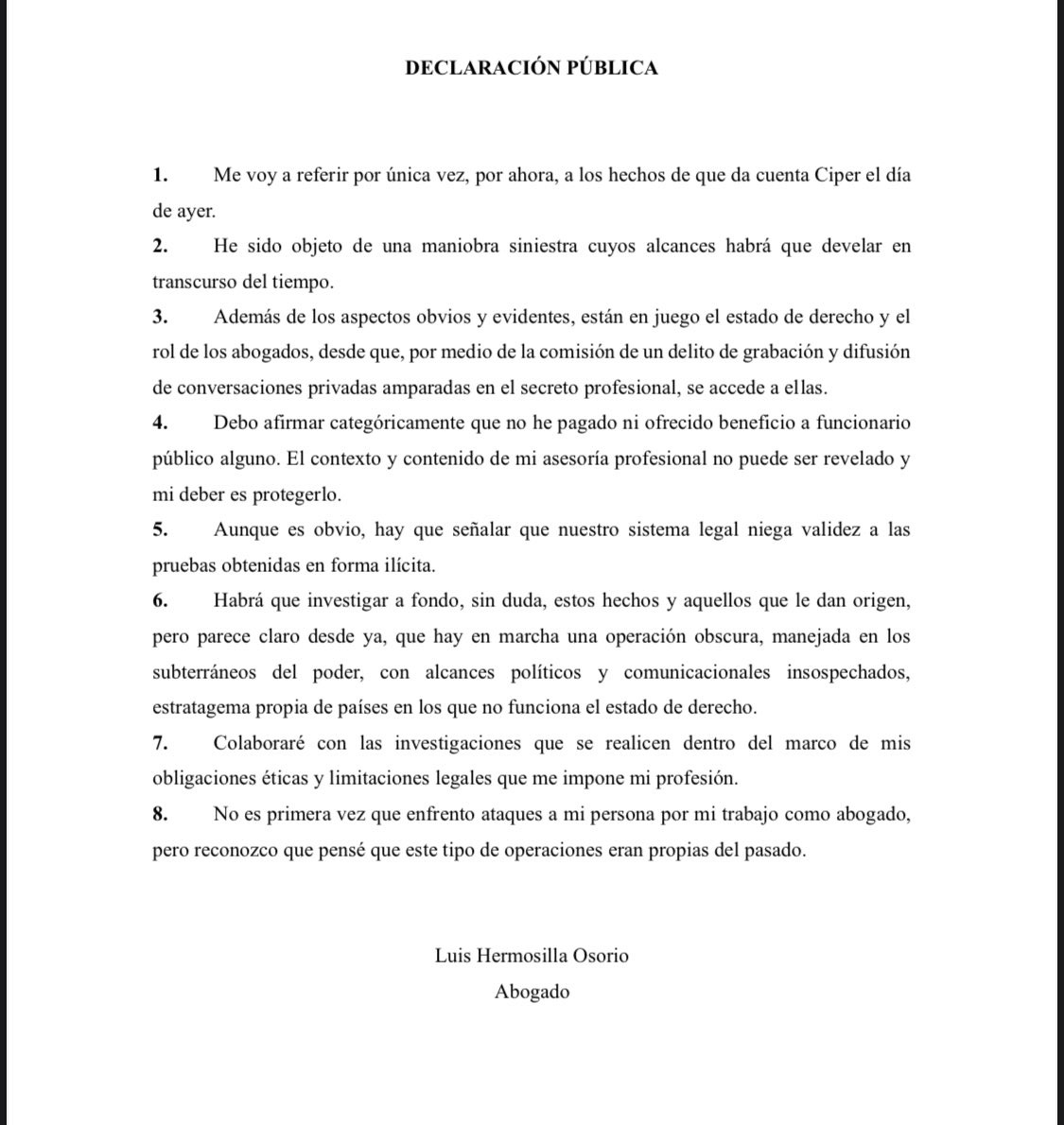 Declaración pública Luis Hermosilla