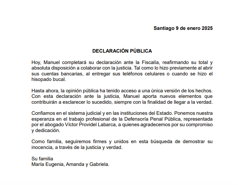 La declaración firmada por la esposa e hijas de Manuel Monsalve