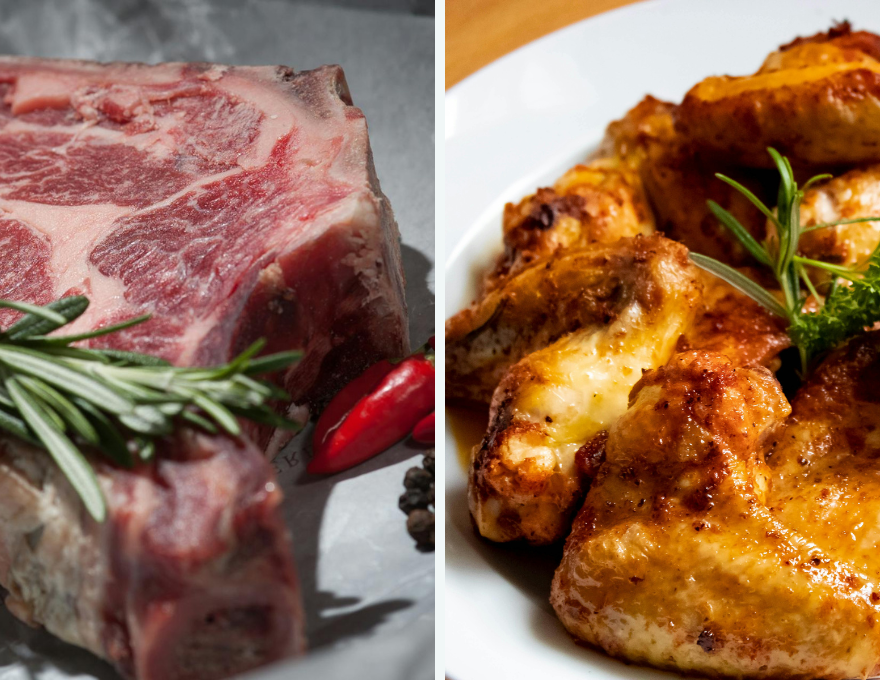 Las dos mejores proteínas para hipertrofia muscular: pollo y carne.