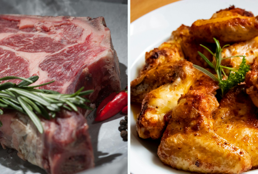 Las dos mejores proteínas para hipertrofia muscular: pollo y carne.