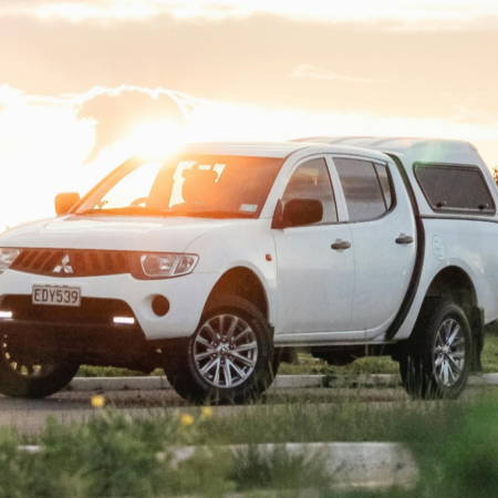 Una camioneta pick up en un prado.