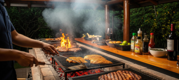 Hombre haciendo una parrillada con lomo vetado.