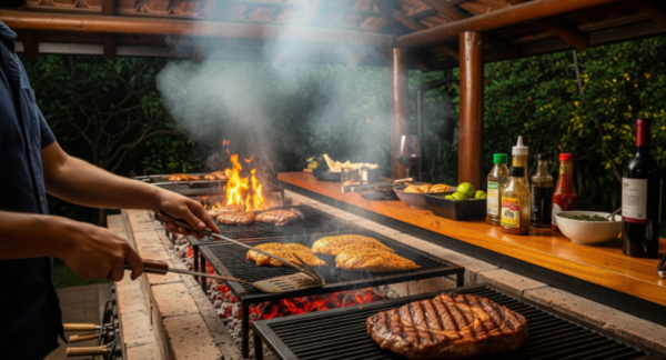 Hombre haciendo una parrillada con lomo vetado.