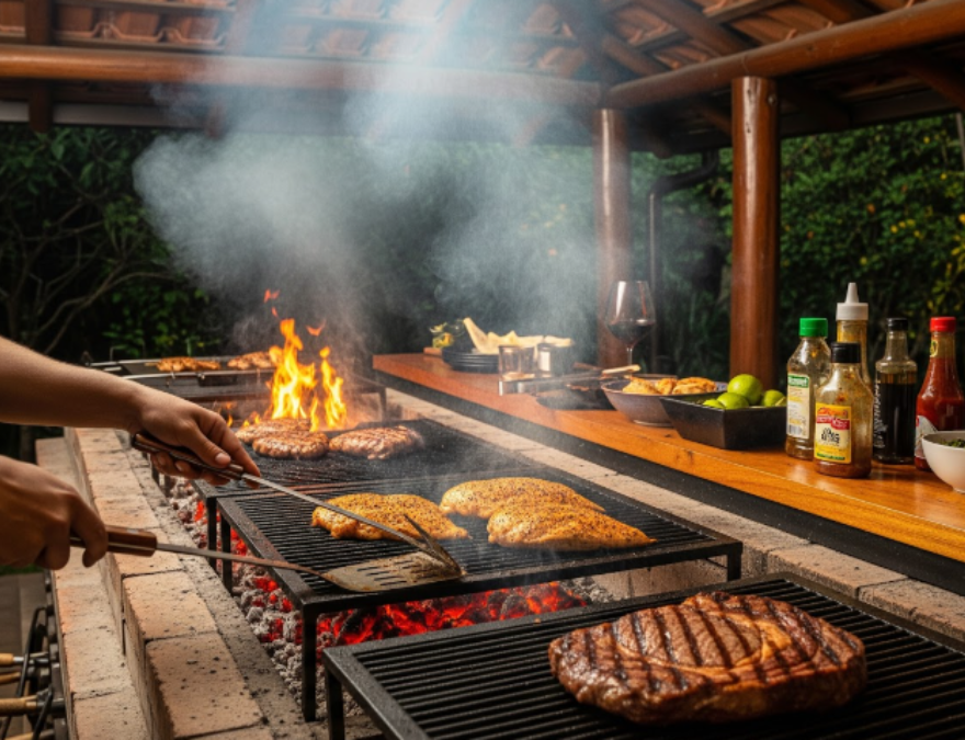 Hombre haciendo una parrillada con lomo vetado.