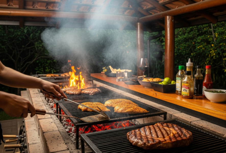 Hombre haciendo una parrillada con lomo vetado.