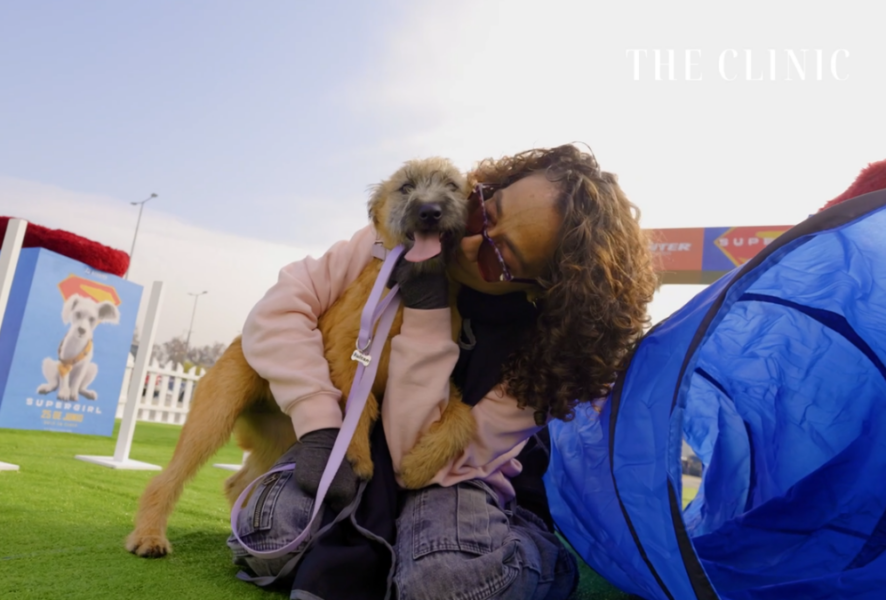 Personas en el evento de Movicenter y Supergirl adoptando perros.